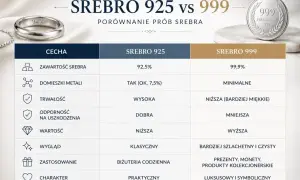 Porównanie prób srebra: 925 (92,5% czystości, trwałe) vs 999 (99,9% czystości, bardziej miękkie, luksusowe).