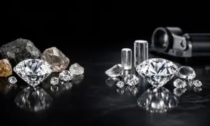 Błyszczące diamenty laboratoryjne i surowe kamienie na czarnym tle. Obok nich widać narzędzia do ich obróbki.