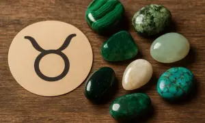 Symbol Byka obok kolekcji zielonych i turkusowych kamieni. Idealny kamień dla byka, który ceni piękno natury.