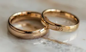 Dwa złote pierścionki, jeden z wygrawerowaną próbą 375. Idealna próba złota na łańcuszek, symbol wiecznej miłości.