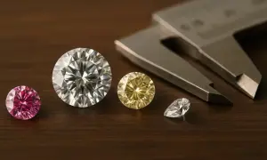 Różne diamenty, od różowego po żółty i biały, leżą obok suwmiarki. Zastanawiasz się, ile kosztuje diament?