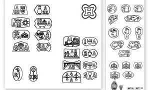 Kolekcja znaków probierczych, w tym oznaczenia karat, przedstawiająca korony, zwierzęta, mosty i inne symbole.