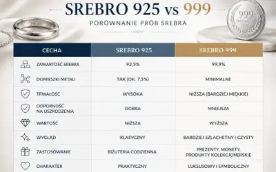 Porównanie prób srebra: 925 (92,5% czystości, trwałe) vs 999 (99,9% czystości, bardziej miękkie, luksusowe).