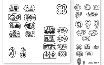 Kolekcja znaków probierczych, w tym oznaczenia karat, przedstawiająca korony, zwierzęta, mosty i inne symbole.