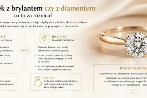 Złoty pierścionek z olśniewającym brylantem, który dzięki szlifowi wydobywa blask i ogień.