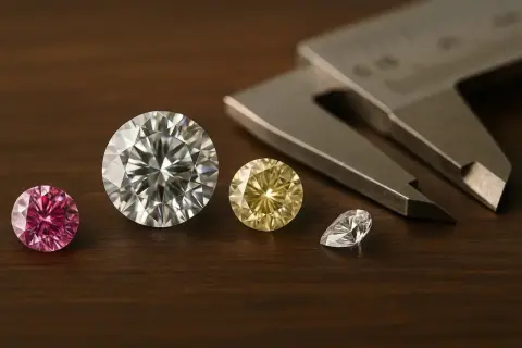 Różne diamenty, od różowego po żółty i biały, leżą obok suwmiarki. Zastanawiasz się, ile kosztuje diament?