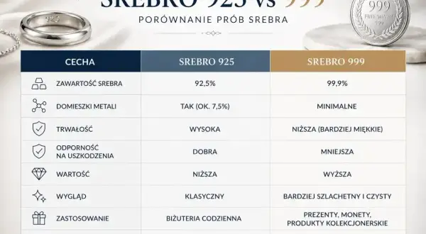 Porównanie prób srebra: 925 (92,5% czystości, trwałe) vs 999 (99,9% czystości, bardziej miękkie, luksusowe).