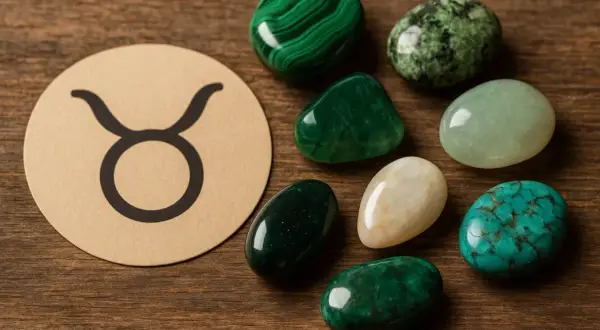 Symbol Byka obok kolekcji zielonych i turkusowych kamieni. Idealny kamień dla byka, który ceni piękno natury.