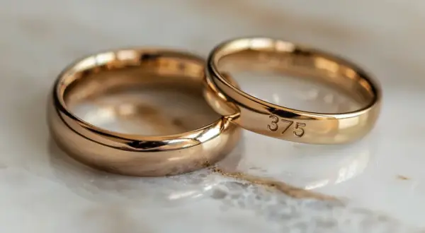 Dwa złote pierścionki, jeden z wygrawerowaną próbą 375. Idealna próba złota na łańcuszek, symbol wiecznej miłości.
