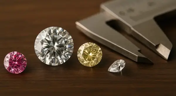 Różne diamenty, od różowego po żółty i biały, leżą obok suwmiarki. Zastanawiasz się, ile kosztuje diament?