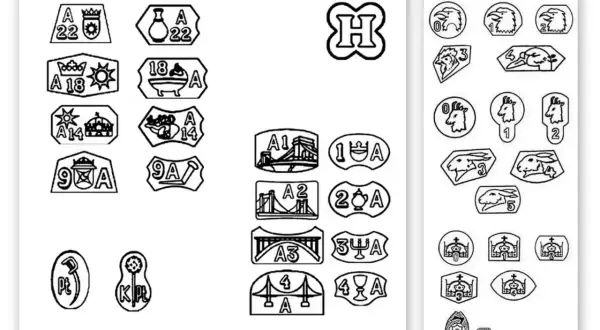 Kolekcja znaków probierczych, w tym oznaczenia karat, przedstawiająca korony, zwierzęta, mosty i inne symbole.