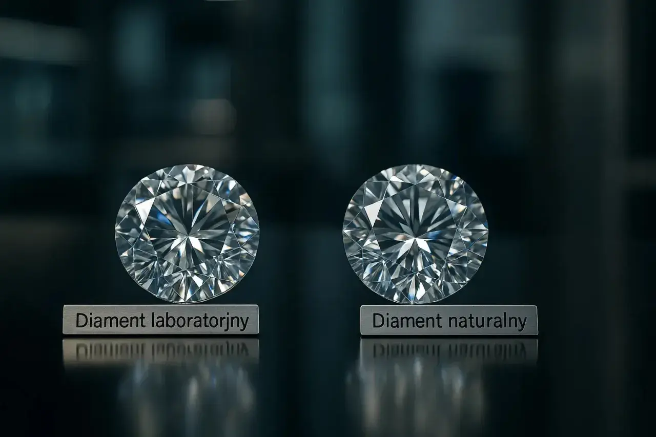 Dwa lśniące diamenty, jeden laboratoryjny, drugi naturalny. Poznaj fascynujący proces, jak powstaje diament, czy to w naturze, czy w laboratorium.