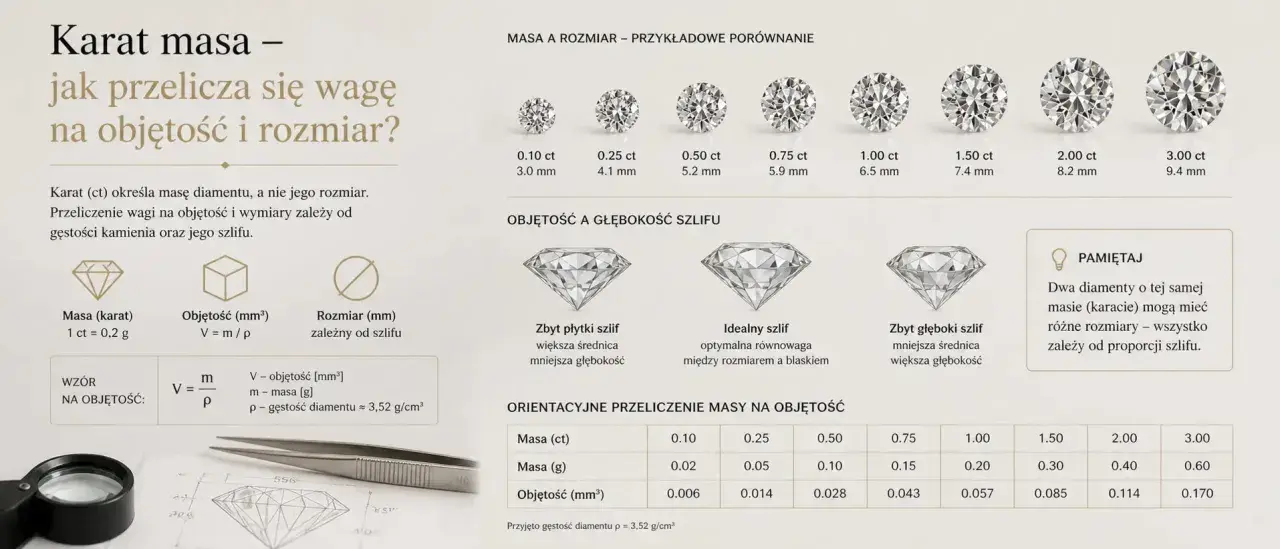 Tabela pokazuje, ile gram ma karat. 1 karat to 0,2 grama. Porównanie masy i rozmiaru diamentów.