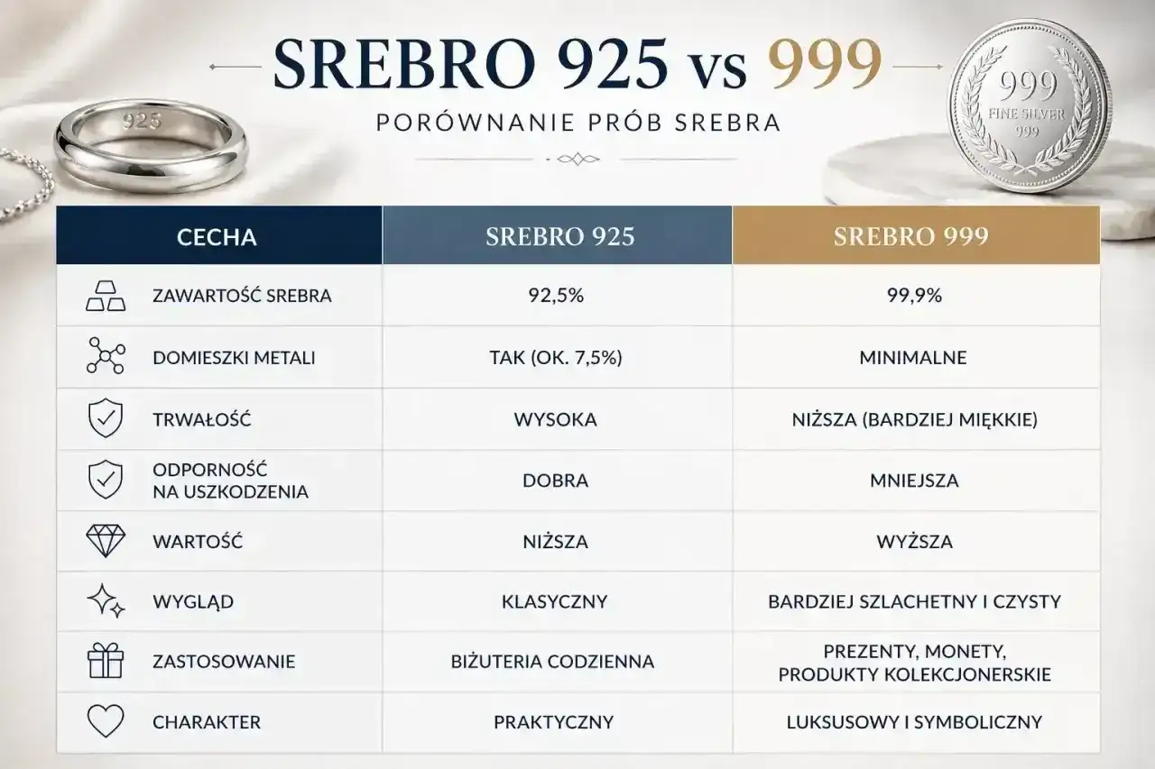 Porównanie prób srebra: 925 (92,5% czystości, trwałe) vs 999 (99,9% czystości, bardziej miękkie, luksusowe).