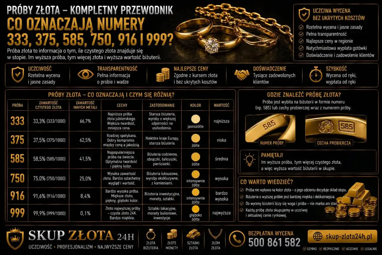Próba złota 333 to najniższa próba jubilerska, o większej twardości i niższej cenie. Dowiedz się więcej o próbach złota.