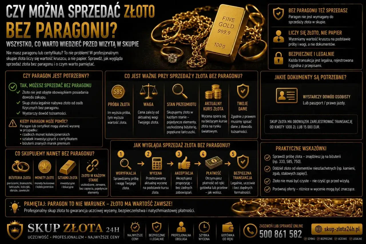 Złoto bez paragonu? Tak! Wycena zależy od próby, wagi i aktualnej ceny złota. Sprawdź, jak sprzedać złoto bez dokumentów.