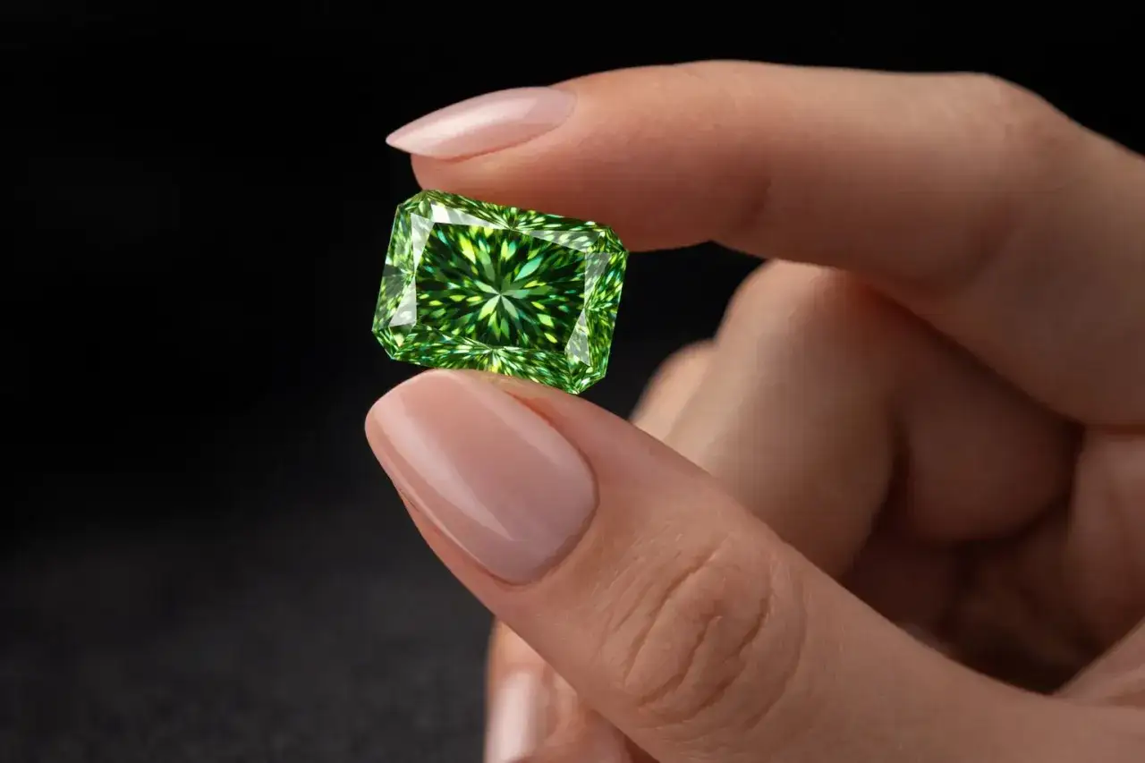 Dłoń trzyma olśniewający zielony diament o szmaragdowym szlifie, emanujący blaskiem.