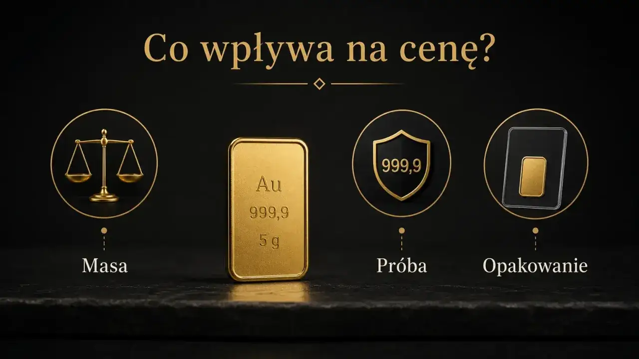 Sztabka złota 5g, próba 999,9. Masa, próba i opakowanie wpływają na to, ile kosztuje 5 gram złota.
