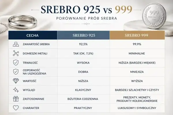Porównanie prób srebra: 925 (92,5% czystości, trwałe) vs 999 (99,9% czystości, bardziej miękkie, luksusowe).