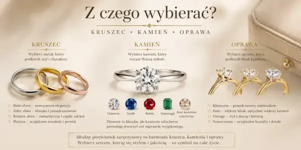 Idealny pierścionek zaręczynowy to harmonia kruszcu, kamienia i oprawy. Wybierz sercem, kierując się stylem i jakością – to symbol na całe życie.