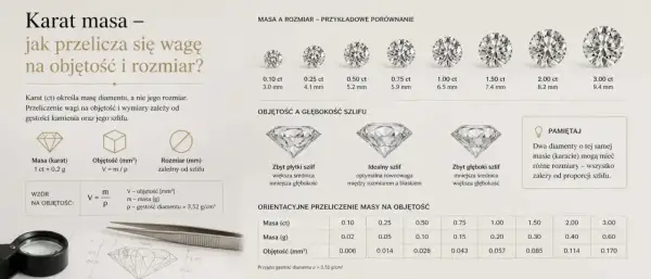 Tabela pokazuje, ile gram ma karat. 1 karat to 0,2 grama. Porównanie masy i rozmiaru diamentów.