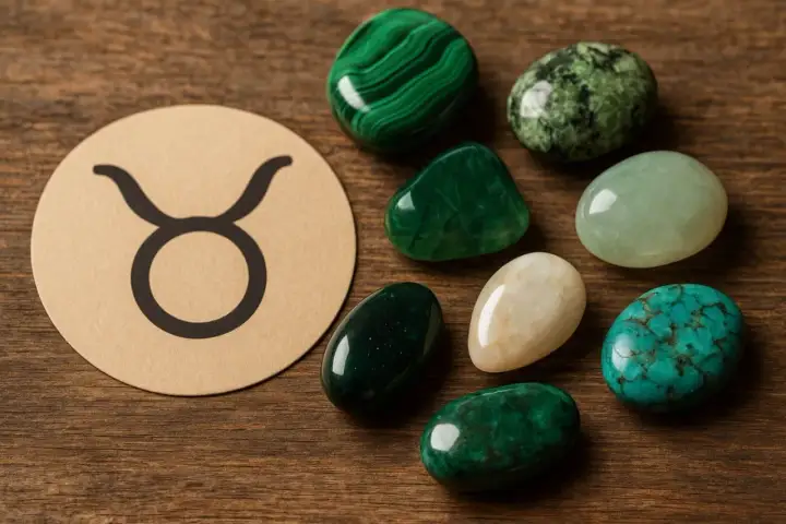 Symbol Byka obok kolekcji zielonych i turkusowych kamieni. Idealny kamień dla byka, który ceni piękno natury.